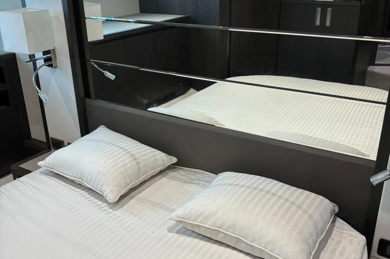  Yacht Photos Pics Luxurious bedroom interior of 2019 Galeon 500 Fly yacht with modern design.
