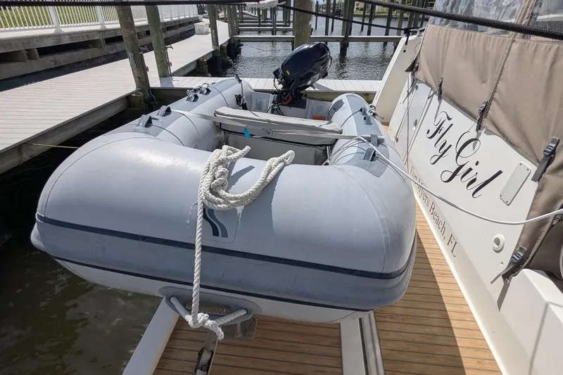 Fly Girl Yacht Photos Pics Inflatable dinghy on Fountaine Pajot MY 37, 2020 model, docked at marina.