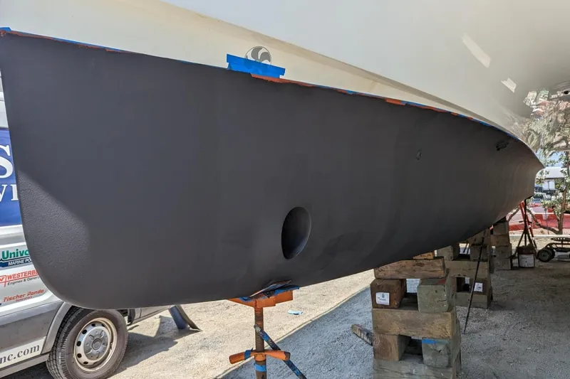 Fly Girl Yacht Photos Pics 2020 Fountaine Pajot MY 37 yacht hull on dry dock, undergoing maintenance.