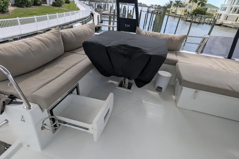 Fly Girl Yacht Photos Pics Fountaine Pajot MY 37 yacht interior, 2020 model, featuring spacious seating and storage.