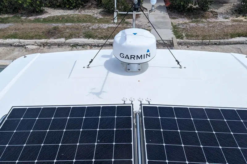 Fly Girl Yacht Photos Pics Solar panels and Garmin radar on 2020 Fountaine Pajot MY 37 yacht.