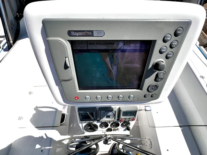 Alcyone Yacht Photos Pics Raymarine navigation system on 2007 Catalina 350 sailboat, displaying nautical map and controls.