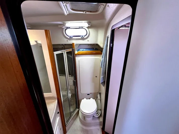 Alcyone Yacht Photos Pics Compact bathroom in a 2007 Catalina 350 yacht, featuring a toilet and shower.