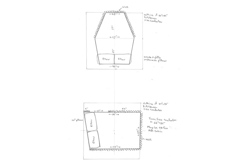 Alcyone Yacht Photos Pics Hand-drawn Catalina 350 2007 cabin layout with pillow and comforter dimensions.
