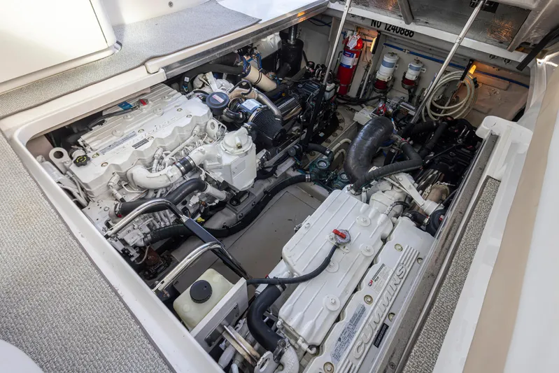  Yacht Photos Pics Engine compartment of a 2010 Sea Ray Sundancer boat, featuring Cummins engines.