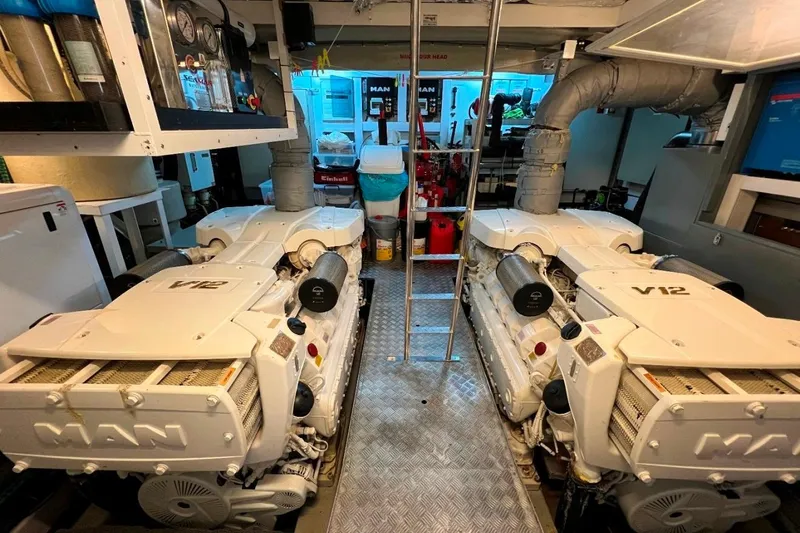  Yacht Photos Pics Engine room of a 2011 Sunseeker 80 Yacht with dual MAN V12 engines.