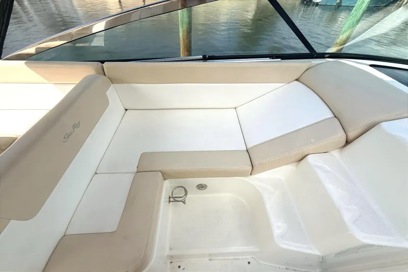 Sweet Melissa Yacht Photos Pics 2013 Sea Ray 370 Venture boat interior with beige seating and water view.