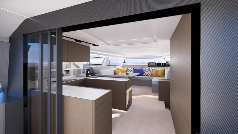 Akana 44 Yacht Photos Pics Luxurious interior of Custom AKANA YACHT E-Model 2026 with modern kitchen and seating area.
