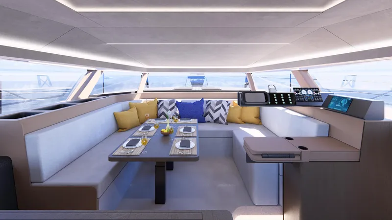 Akana 44 Yacht Photos Pics Luxurious interior of Custom AKANA YACHT E-Model 2026 with elegant seating and dining area.