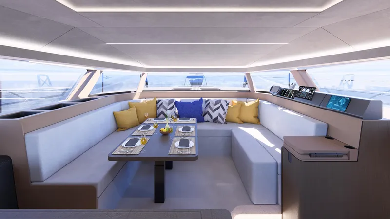 Akana 44 Yacht Photos Pics Luxurious interior of Custom AKANA YACHT E-Model 2026 with elegant seating and modern decor.