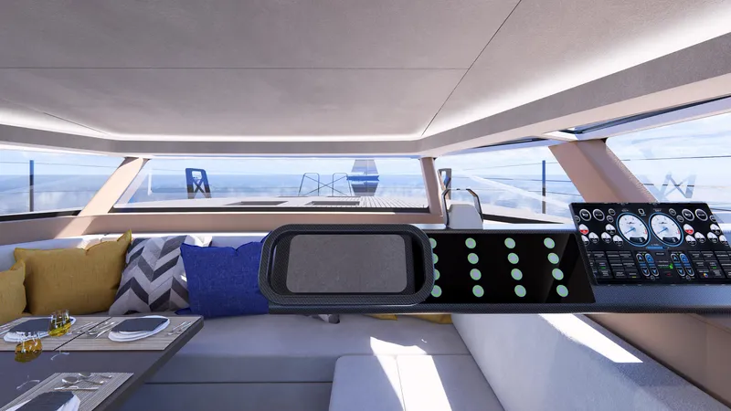 Akana 44 Yacht Photos Pics Luxurious interior of 2026 AKANA YACHT E-Model with modern design and ocean view.