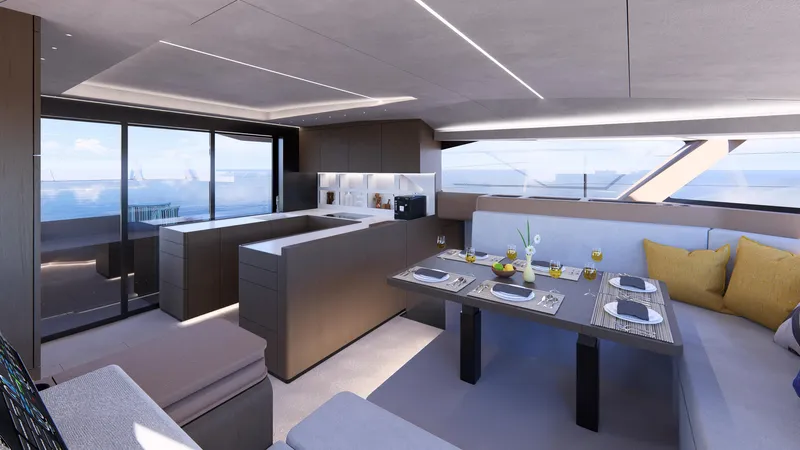 Akana 44 Yacht Photos Pics Luxurious interior of Custom AKANA YACHT E-Model 2026 with modern kitchen and dining area.