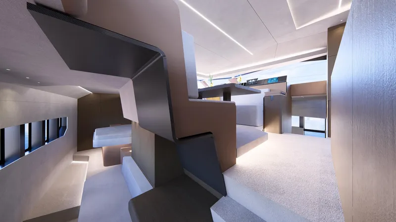 Akana 44 Yacht Photos Pics Luxurious interior of Custom AKANA YACHT E-Model 2026, featuring modern design and ambient lighting.