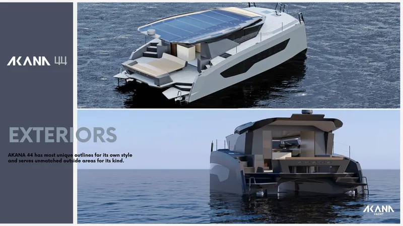 Akana 44 Yacht Photos Pics Custom AKANA YACHT E-Model 2026, sleek design, solar panels, luxurious outdoor spaces on water.