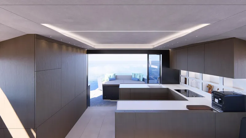 Akana 44 Yacht Photos Pics Modern kitchen interior on AKANA YACHT E-Model 2026, featuring sleek cabinetry and ocean view.