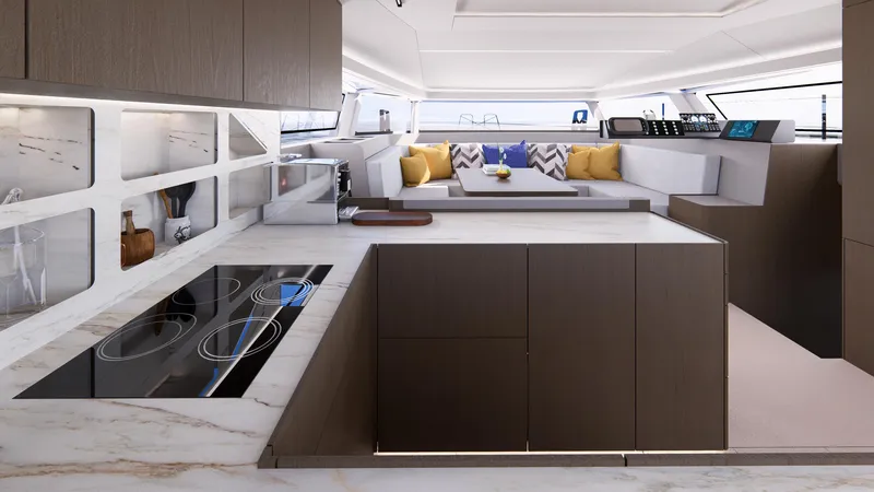 Akana 44 Yacht Photos Pics Luxurious interior of Custom AKANA YACHT E-Model 2026 with modern kitchen and seating area.