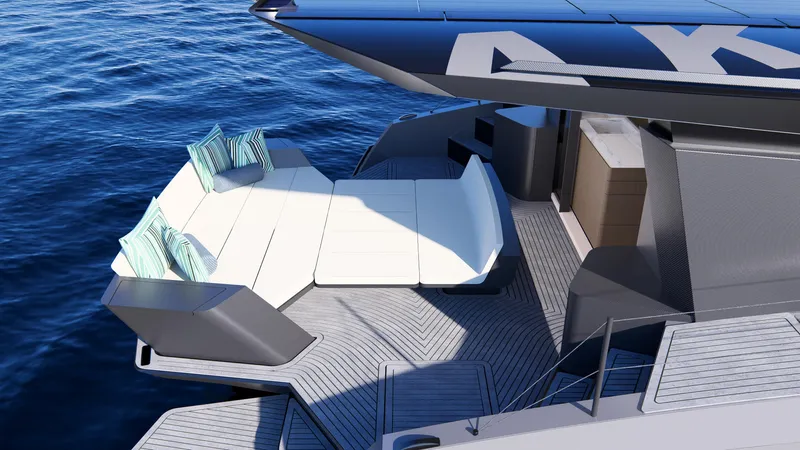 Akana 44 Yacht Photos Pics Luxurious AKANA YACHT E-Model 2026 deck with modern seating, overlooking serene ocean waters.