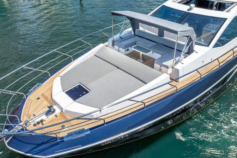  Yacht Photos Pics 2019 Azimut S7 yacht with sleek design, spacious deck, and luxurious seating on water.