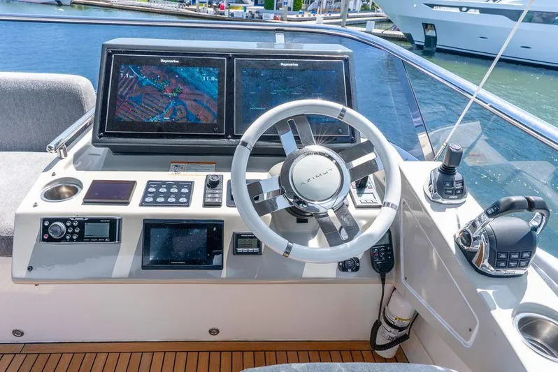  Yacht Photos Pics Cockpit of 2019 Azimut S7 yacht with advanced navigation systems and controls.