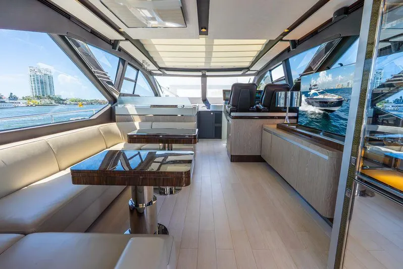  Yacht Photos Pics Luxurious interior of 2019 Azimut S7 yacht with modern furnishings and panoramic windows.