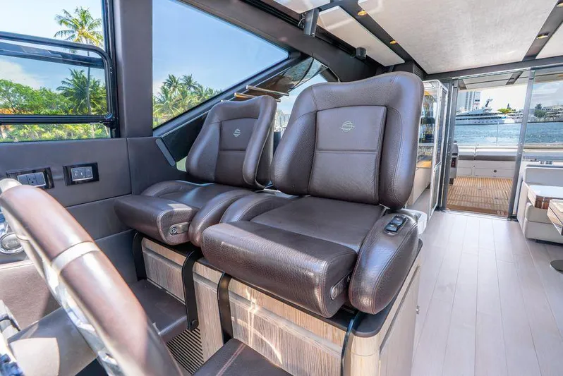  Yacht Photos Pics Luxurious interior of 2019 Azimut S7 yacht with plush leather seating.