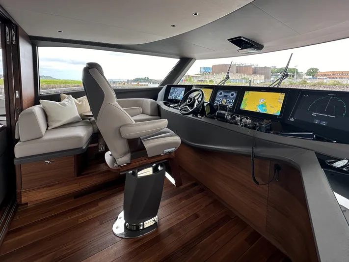 X80034 Yacht Photos Pics Luxurious 2024 Princess X80 yacht cockpit with modern navigation systems and plush seating.