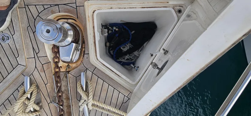  Yacht Photos Pics Anchor locker on 2014 Princess 64 yacht with ropes and equipment.