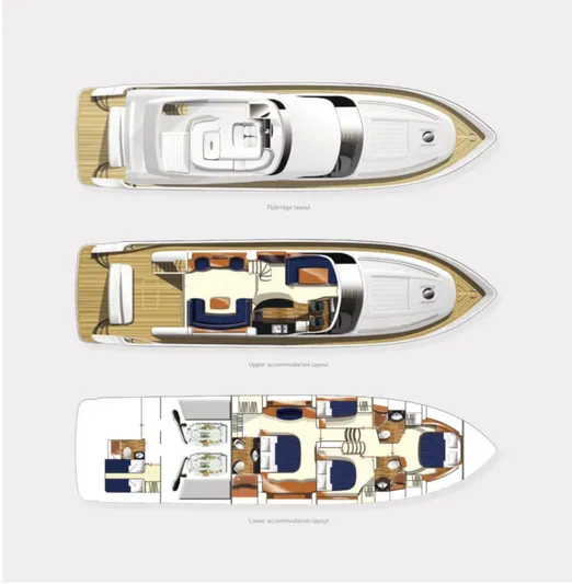  Yacht Photos Pics 2014 Princess 64 yacht layout showing flybridge, upper, and lower accommodation decks.