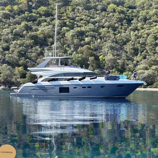  Yacht Photos Pics Luxurious 2014 Princess 64 yacht cruising near a lush, forested shoreline.