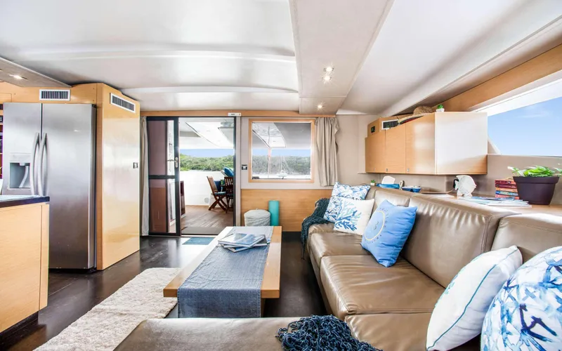 Endless Azul Yacht Photos Pics Luxurious interior of 2013 Fountaine Pajot Sanya 57 yacht with modern furnishings.