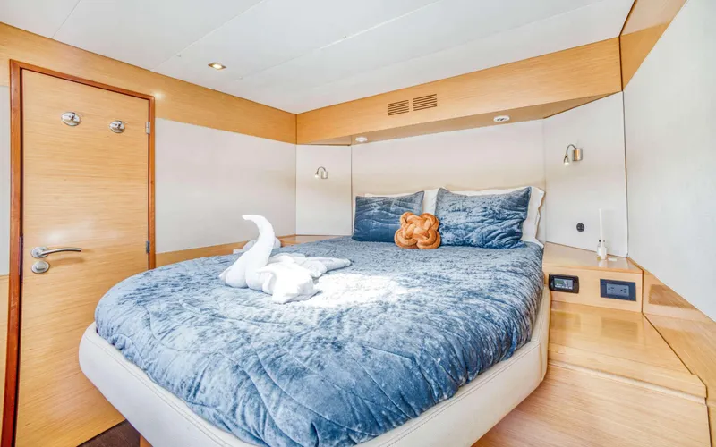 Endless Azul Yacht Photos Pics Luxurious cabin interior of 2013 Fountaine Pajot Sanya 57 yacht with plush bedding.