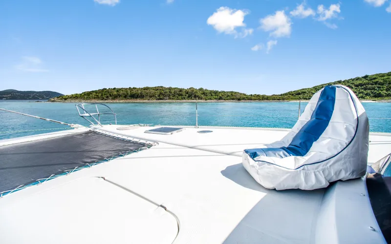 Endless Azul Yacht Photos Pics Fountaine Pajot Sanya 57 catamaran deck with bean bag, scenic ocean view, 2013 model.