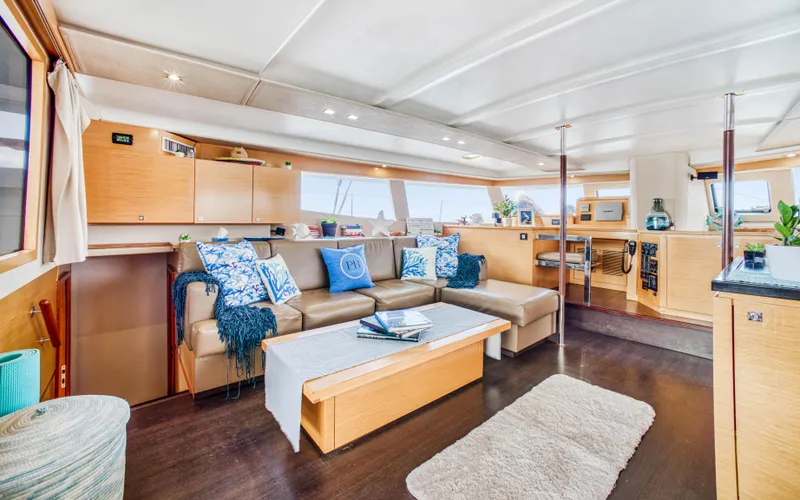 Endless Azul Yacht Photos Pics Luxurious interior of 2013 Fountaine Pajot Sanya 57 catamaran with modern furnishings and decor.