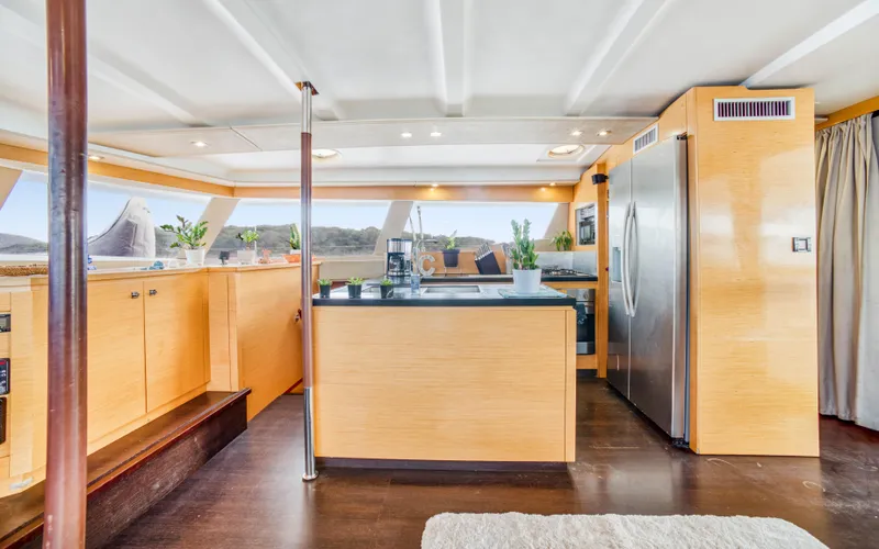 Endless Azul Yacht Photos Pics Luxurious interior of 2013 Fountaine Pajot Sanya 57 yacht with modern kitchen design.