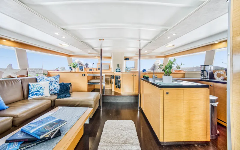 Endless Azul Yacht Photos Pics Luxurious interior of 2013 Fountaine Pajot Sanya 57 yacht with modern furnishings and decor.