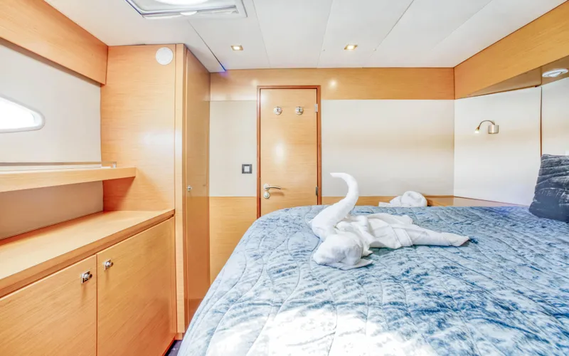 Endless Azul Yacht Photos Pics Luxurious cabin interior of 2013 Fountaine Pajot Sanya 57 yacht with elegant bedding.