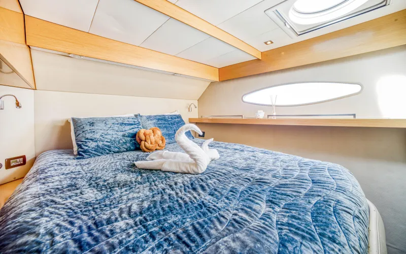 Endless Azul Yacht Photos Pics Luxurious cabin interior of 2013 Fountaine Pajot Sanya 57 yacht with elegant bedding.