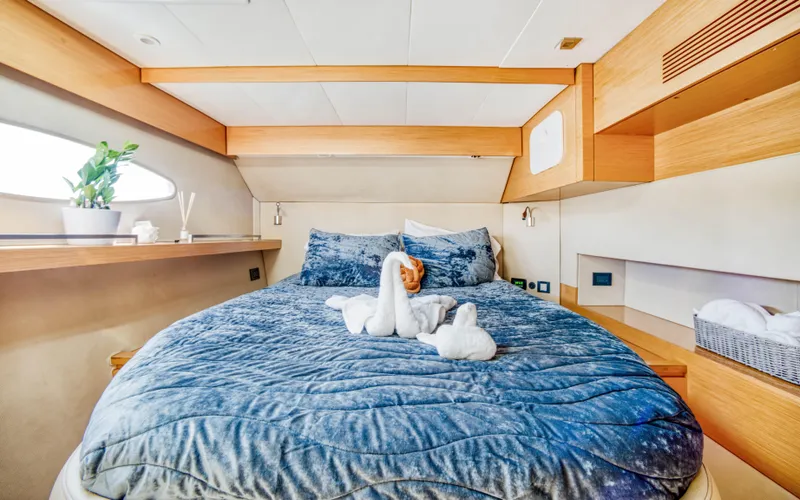 Endless Azul Yacht Photos Pics Luxurious bedroom interior of 2013 Fountaine Pajot Sanya 57 yacht with elegant bedding and decor.