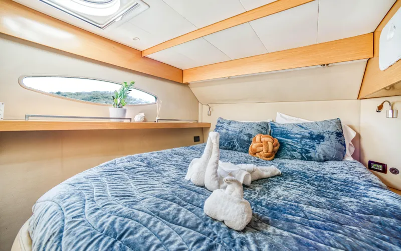 Endless Azul Yacht Photos Pics Luxurious cabin interior of 2013 Fountaine Pajot Sanya 57 yacht with plush bedding.