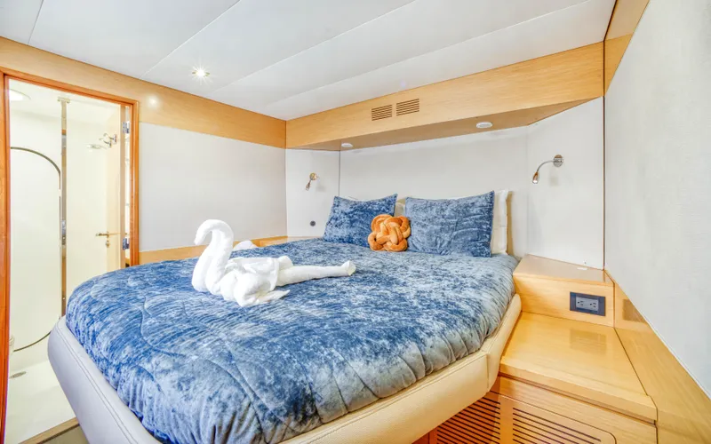 Endless Azul Yacht Photos Pics Luxurious cabin interior of 2013 Fountaine Pajot Sanya 57 yacht with elegant bedding.