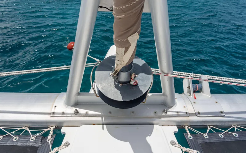 Endless Azul Yacht Photos Pics Fountaine Pajot Sanya 57 sailboat deck detail, 2013 model, with ocean background.