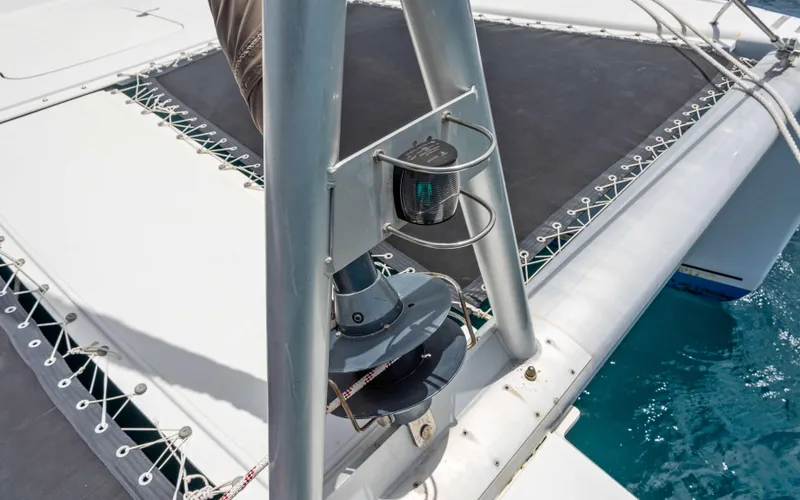 Endless Azul Yacht Photos Pics Fountaine Pajot Sanya 57 catamaran deck detail, featuring rigging and netting, 2013 model.