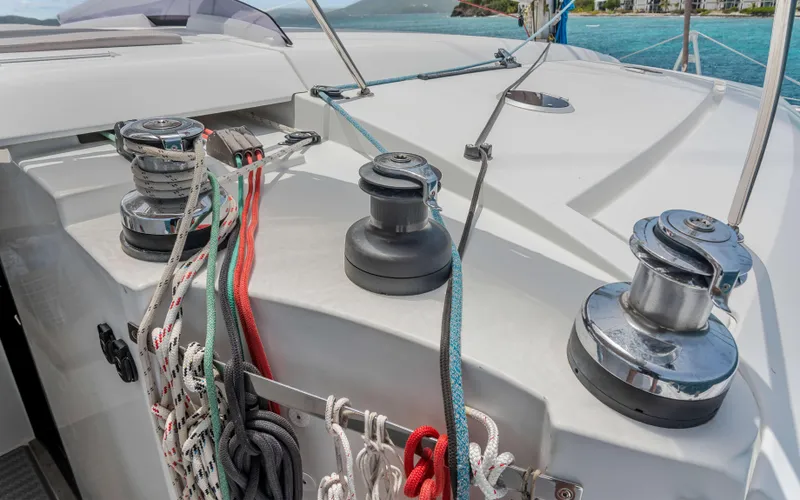 Endless Azul Yacht Photos Pics Deck of 2013 Fountaine Pajot Sanya 57 yacht with winches and ropes.