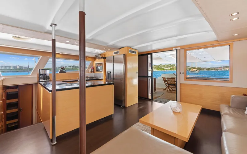 Endless Azul Yacht Photos Pics Luxurious interior of 2013 Fountaine Pajot Sanya 57 yacht with modern kitchen and ocean view.