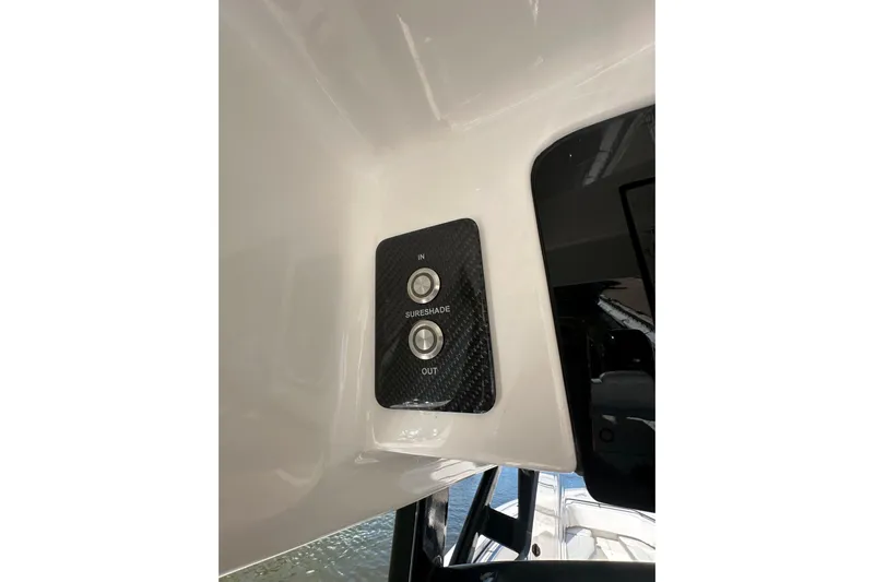  Yacht Photos Pics Control panel on 2022 Fountain 38 CC LS boat with SureShade buttons.