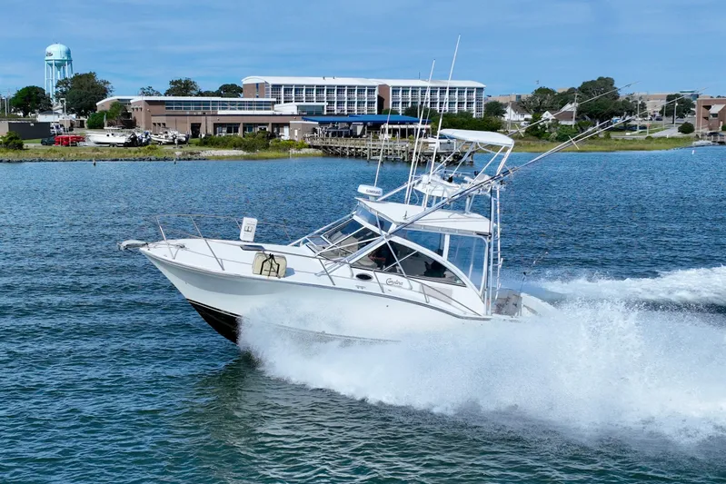 Barbara Ann Yacht Photos Pics 2001 Carolina Classic 35 Express boat cruising on water near a coastal town.