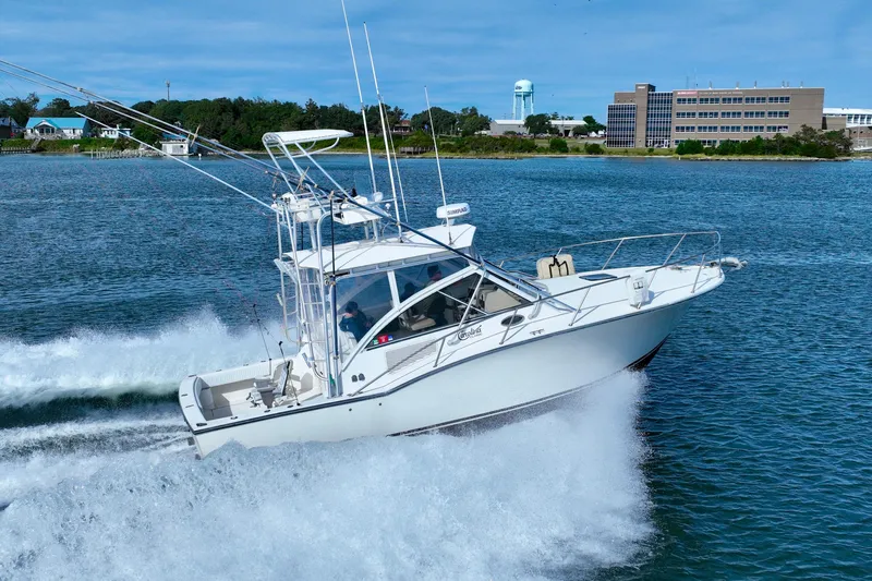 Barbara Ann Yacht Photos Pics 2001 Carolina Classic 35 Express boat cruising on a sunny day near the shoreline.