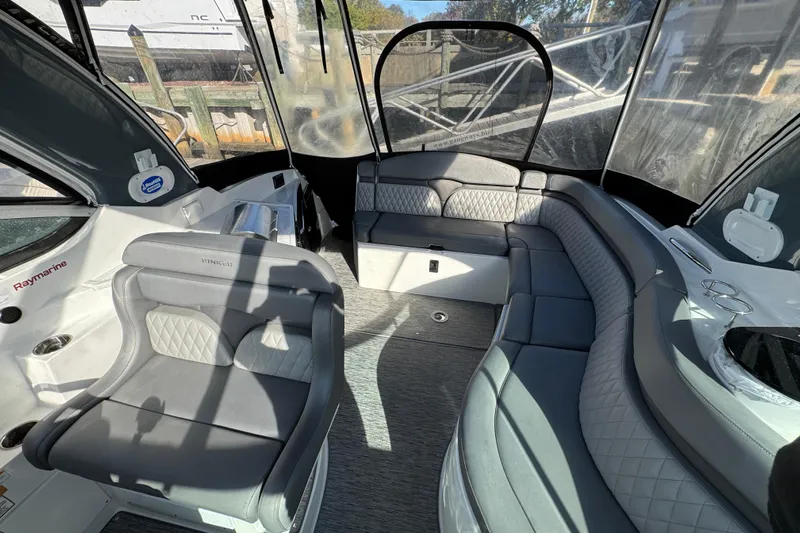  Yacht Photos Pics 2020 Rinker 320 EX boat interior with luxurious seating and modern design.