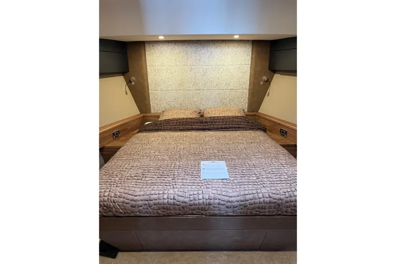  Yacht Photos Pics Luxurious bedroom interior of 2025 Van der Heijden Exclusive Deluxe 2000 Sportbridge yacht.