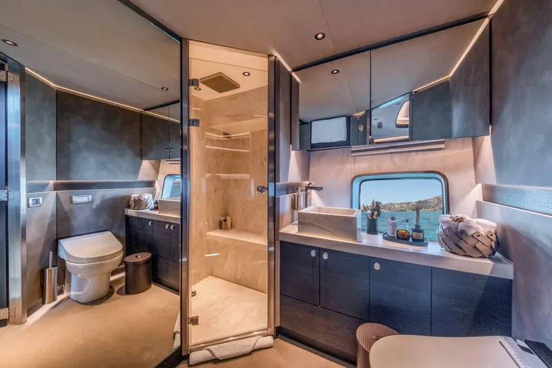 Loloma Yacht Photos Pics Luxurious 2025 Zeelander 7 yacht bathroom with modern fixtures and ocean view.